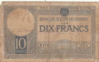 Ww2 Morocco Banque Du Maroc 10 Francs Banknote - 1941