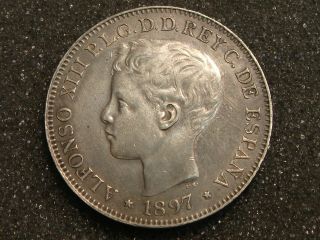 1897 Philippines Silver Crown Un Peso Boy King Alfonso Xiii Xf Details - Cleaned