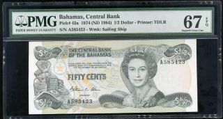 Bahamas 1/2 Dollars 1974 / 1984 P 42 Qeii Gem Unc Pmg 67 Epq