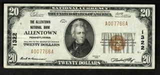 1929 $20 Allentown Pennsylvania Pa National Currency Bank Note