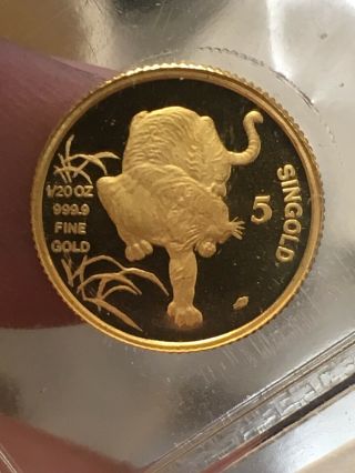 1986 Republic Of Singapore 5 Singold Proof 1/20oz Gold Tiger