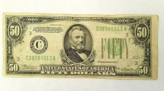 Vintage U.  S $50.  00 Federal Reserve Note - Series 1934 Date - U.  S.  Margin Error