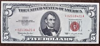 5 Dollar 1963 Red Seal Replacement Note Star (note).  Au,