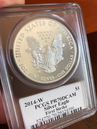 2014 - W Pcgs Pr70dcam Silver Eagle First Strike Mercanti Flag Signature Coin