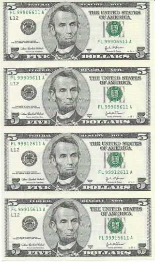 2003a $5 Frn Uncut Sheet Of 4 Notes San Francisco District Ending Serial 611a