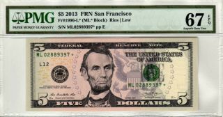 Fr.  1996 - L $5 2013 San Francisco Star Frn Pmg Gem Uncirculated 67 Epq