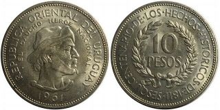 1961 Republica Del Uruguay 10 Pesos Km 43 150th Ann.  Spain Rev.  Silver Coin Unc