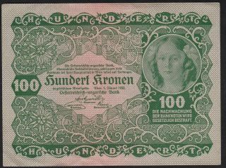 1922 100 Kronen Austria Vintage Old Paper Money Banknote Currency Note P 77 Xf