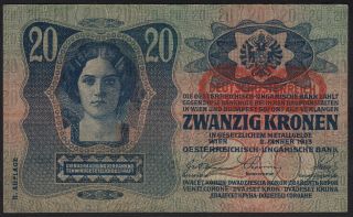 1913 Austria 20 Kronen 1919 Overprint Paper Money Banknote Currency P 53 Xf