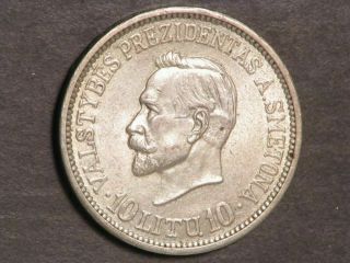 Lithuania 1938 10 Litu Anniv.  Of Republic Silver Unc