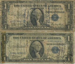 Set Of 2: 1935 A $1 Silver Certificate Blue Seal Short Snorter Washington Dollar