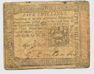 Colonial Currency Pennsylvania Rare 5 Shillings Note 1773 Printed Hall & Sellers