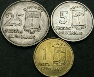 Equatorial Guinea 1,  5,  25 Pesetas 1969 - 3 Coins - 3036 ¤