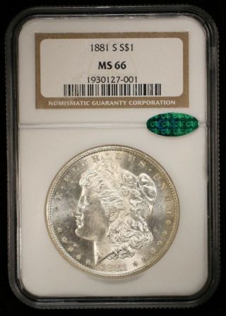 1881 - S Morgan Silver Dollar Ngc Ms 66 Cac Green Sticker - 02277