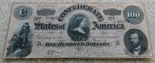1864 $100 Dollar Confederate States Civil War Note Currency Bill - Crisp