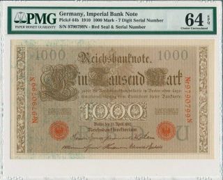 Imperial Bank Note Germany 1000 Mark 1910 S/no 9790799 Pmg 64epq