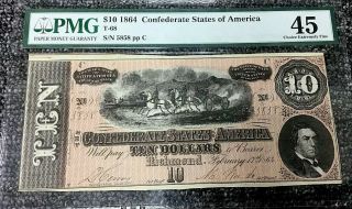 1864 $10 The Confederate States & United States Of America Ten Dollars,  T - 68