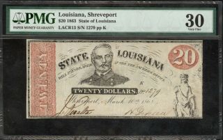 1863 State Of Louisiana $20.  00 Note – Pmg Very Fine 30