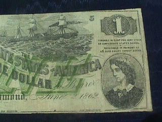 T - 45 June 2,  1862 Confederate $1 Note Lucy Pickens: Second Series,  Plate 5 3