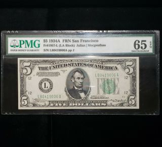 1934 - A $5 Frn San Francisco Pmg Gem Uncirculated 65 Epq Julian | Morgenthau Nr