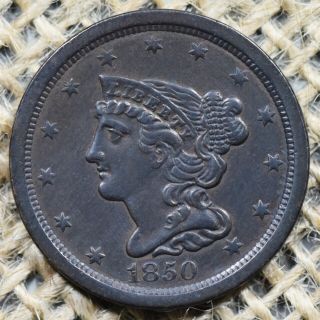 1850 1/2c Braided Hair Half Cent - Tough Date Coin
