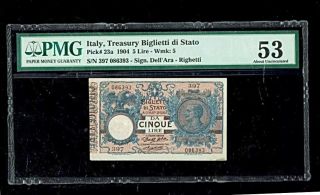 Italy | Treasury | 5 Lire | 1904 | P - 23a | Pmg - 53