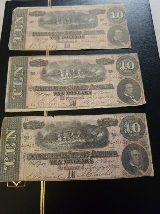 1864 Confederate Currency 10 Dollar Bill Set Of 3