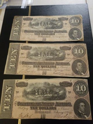 1864 Confederate Currency 10 Dollar Bills Set Of 3