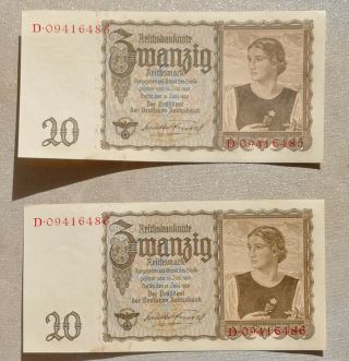 2 X 20 Reichsmark 1939 - Germany,  Ww Ii - Consecutive Numbers - Uncirculated