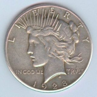 1928 - P U.  S.  Peace Dollar - Silver - Cleaned - Very Fine