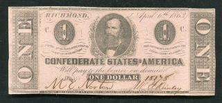 T - 62 1863 $1 One Dollar Csa Confederate States Of America Currency Note Au