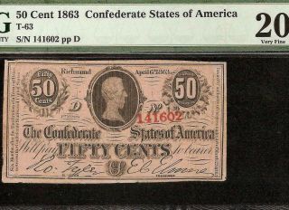 1863 Confederate States 50 Cent Note Civil War Fractional Currency Money T63 Pmg