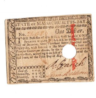 Revolutionary War Massachusetts Currency Note 1780 Red Overprint Handsome $1.  00