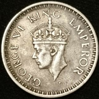 Silver 1943 - B India 1/4 Rupee,  higher grade 2
