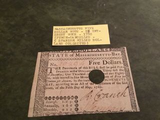 Vintage 1780 Massachusetts Five Dollar Note Printed By Hall & Sellers Punched