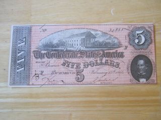 1864 Confederate Five Dollar Currency Note - Authentic Civil War Paper Money