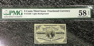 Fr - 1226 3c Third Issue Fractional Currency 3 Cent Light Background,  Choice 58epq