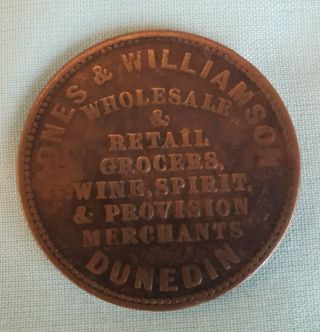 1858 Zealand Jones & Williamson Merchant Penny Token Coin Dunedin