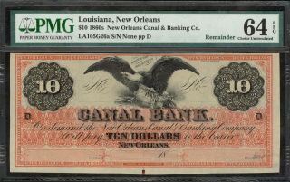 $10.  00 Canal Bank Note (orleans) – Pmg Choice Uncirculated 64 Epq