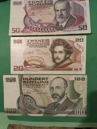 Vintage Austrian Bank Notes.  1980s Era 3 Bills Check Pics