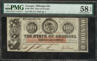 1863 State Of Georgia $100.  00 Note – Pmg Choice About Unc 58 Epq