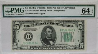 1934 A $5 Federal Reserve Note Cleveland Pmg Cert 64 Epq Choice Unc Da Block