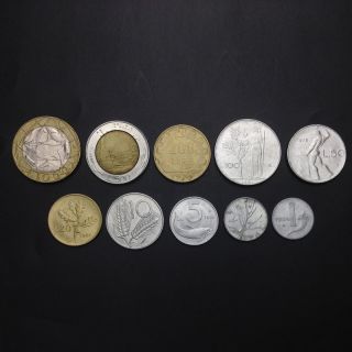 [y - 5] Italy Set 10 Coins,  1,  2,  5,  10,  20,  50,  100,  200,  500,  1000 Lira,  Real,  A - Unc