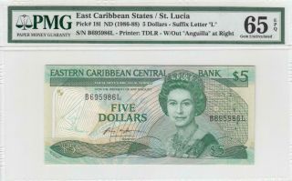 1985 East Caribbean States Qeii $5 St.  Lucia L ( (pmg 65 Epq))