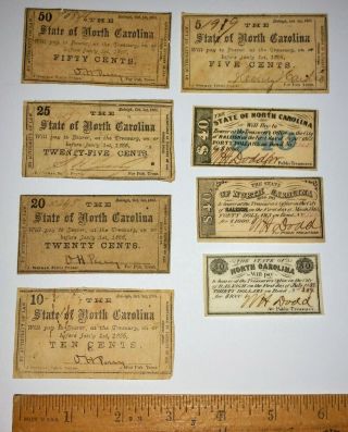5 North Carolina 1861 Fractional Notes & 3 Nc Civil War Bond Coupons