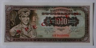 Yugoslavia 1000 Dinara 1963 P.  75s Specimen