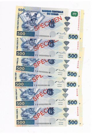 Congo P96 Specimen 6x 500 Francs 2002 Diamond Mine Unc
