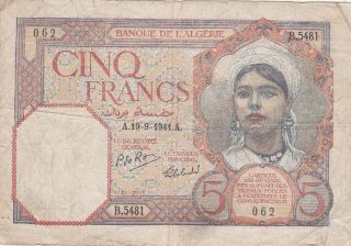 5 Francs Vg Banknote From French Algeria 1941 Pick - 77