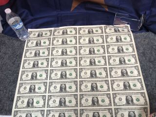 Uncut Sheet Of $1 One U.  S.  Dollar Bills,  Notes,  Money,  & Currency