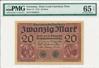State Loan Currency Note Germany 20 Mark 1918 Pmg 65epq
